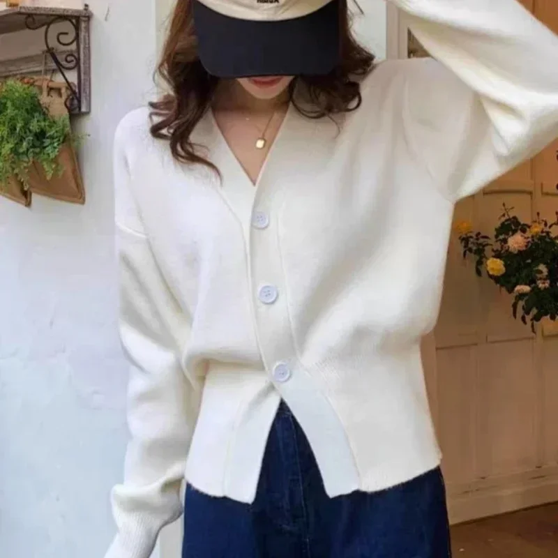 

Long Sleeve Women Knitted Cardigan Sweater V-Neck Gentle White Autumn/Winter Sweater Coat Casual Solid Tops Sueter Clothes 29529