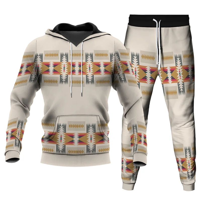 Men's Sets Print Hooded Pullover +Patchwork Pants Sport Suits Casual Sweatshirts Tracksuit Sportswear Fitness Clothing