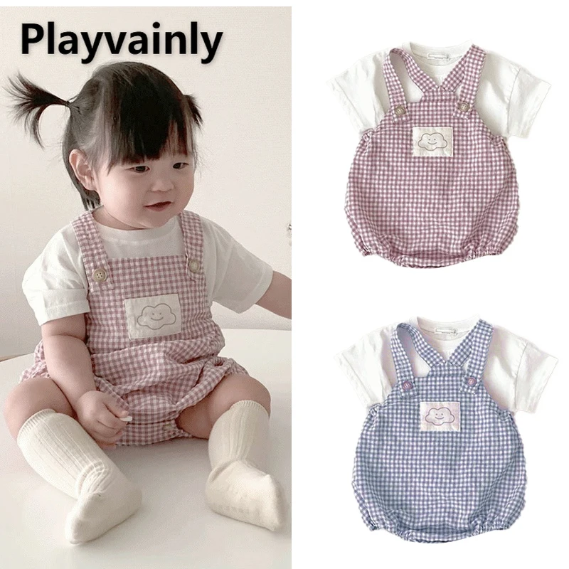 

Korean Style Summer Kids Girl 2pcs Sets Short Sleeves White Pullover T-Shirts+Pink Blue Plaid Bodysuit Children Outfits E1119