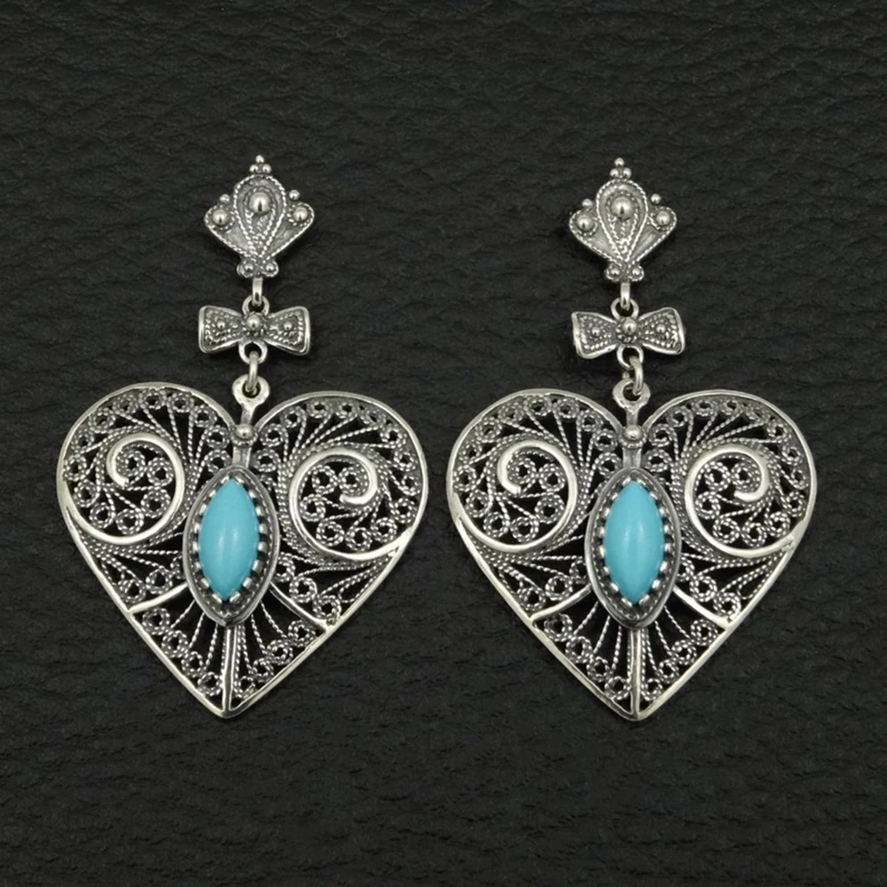

Ethnic Inlaid Blue Stone Earrings For Women Vintage Silver Color Heart Dangle Earrings Statement Jewelry Pendientes Bijoux