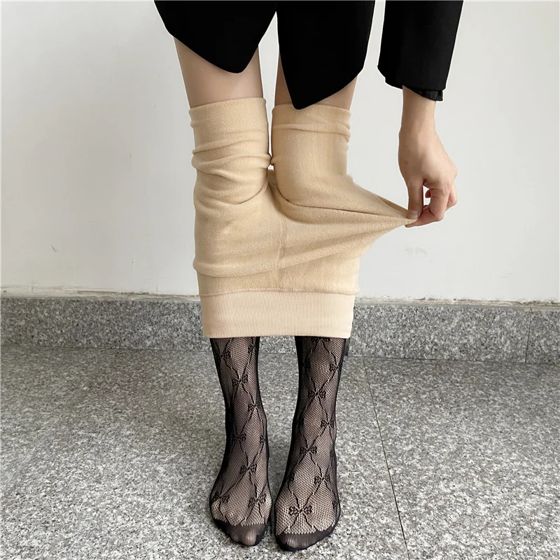 Winter Warm Fishing Net Pantyhose Women's Black Mesh Translucent Bowknot Thickened Tights Sexy Pattern Elastic Thigh Stockings