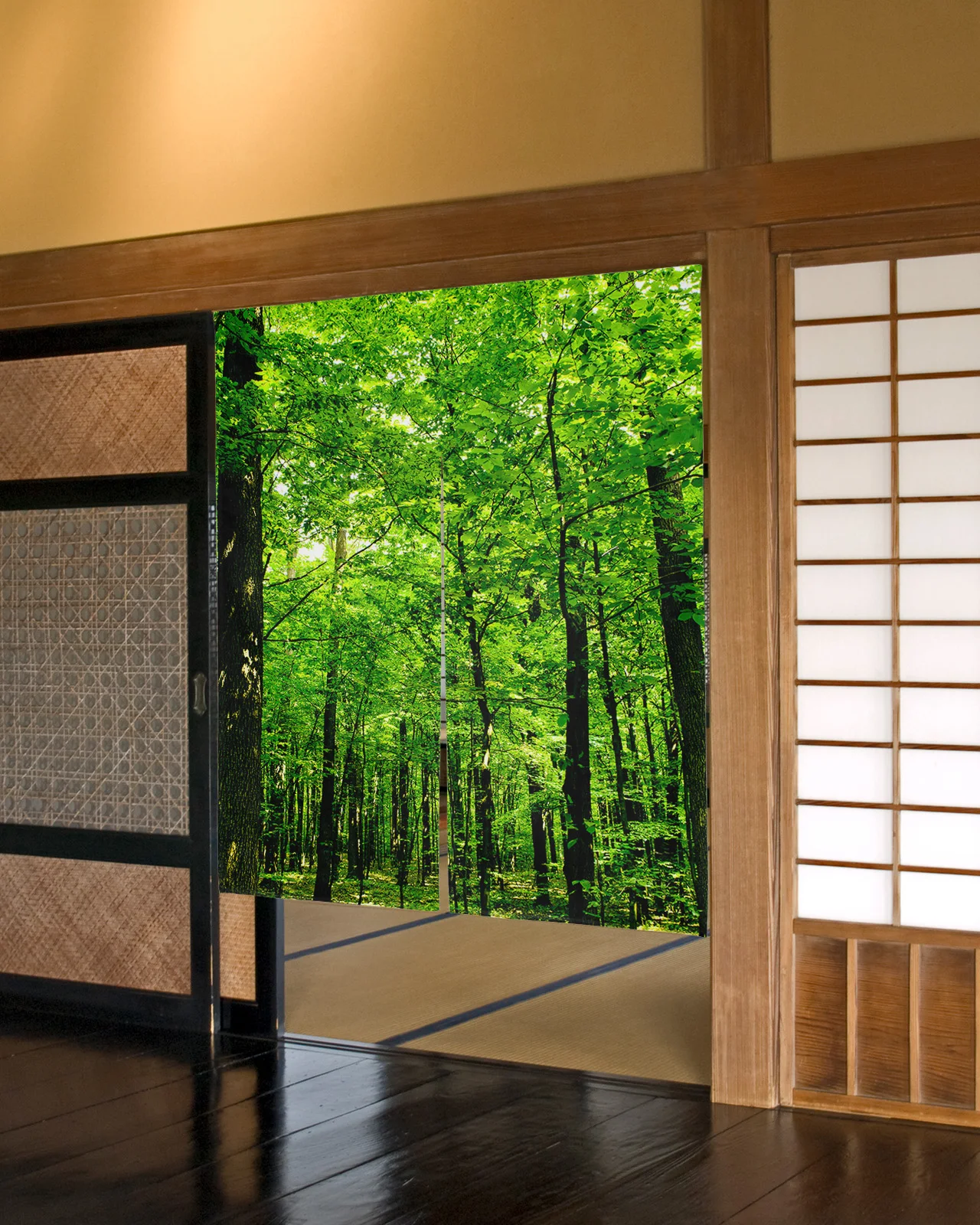 

Green Woods Branch Leaves Japanese Door Curtain Restaurant Kitchen Entrance Partition Doorway Curtains Half-Curtain