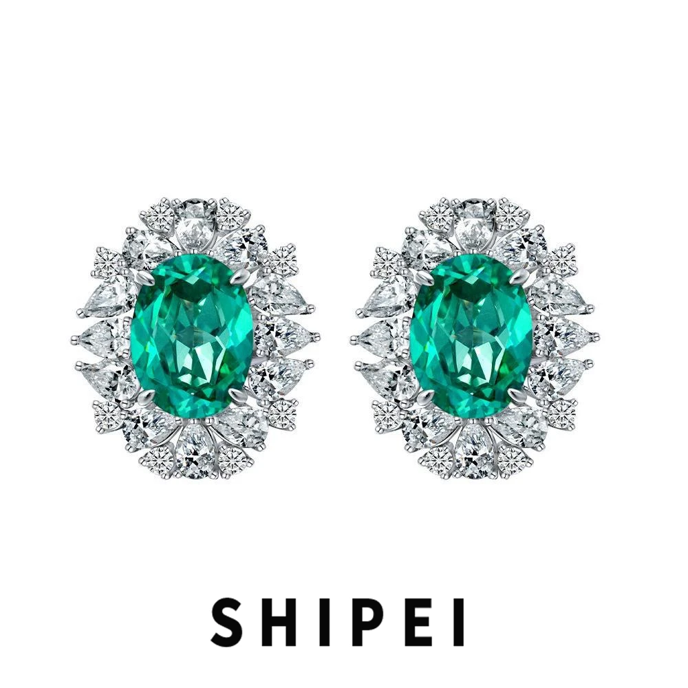 

SHIPEI Luxury 925 Sterling Silver 10CT Oval Paraiba Tourmaline White Sapphire Gemstone Stud Earrings Hyperbole Jewelry For Women