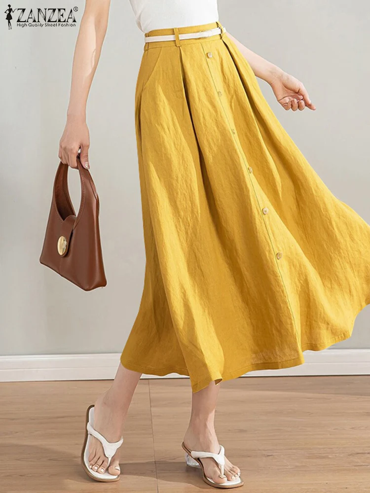 

Casual Loose Women Skirts ZANZEA Elegant High Waist Office Wear A-line Midi Skirt Cotton Plain Long Jupe Oversize Leisure Faldas