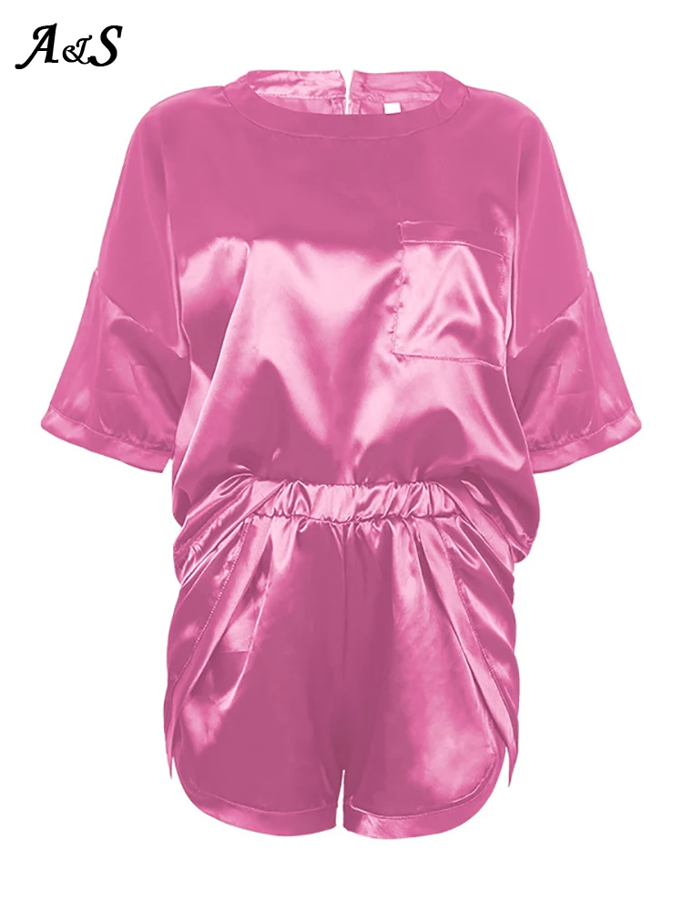 Summer Solid Color Satin Pajamas With Shorts Sleepwear Suit Silk Pyjama For Women Short Sleeve Casual Pajama Sets Women Homewear