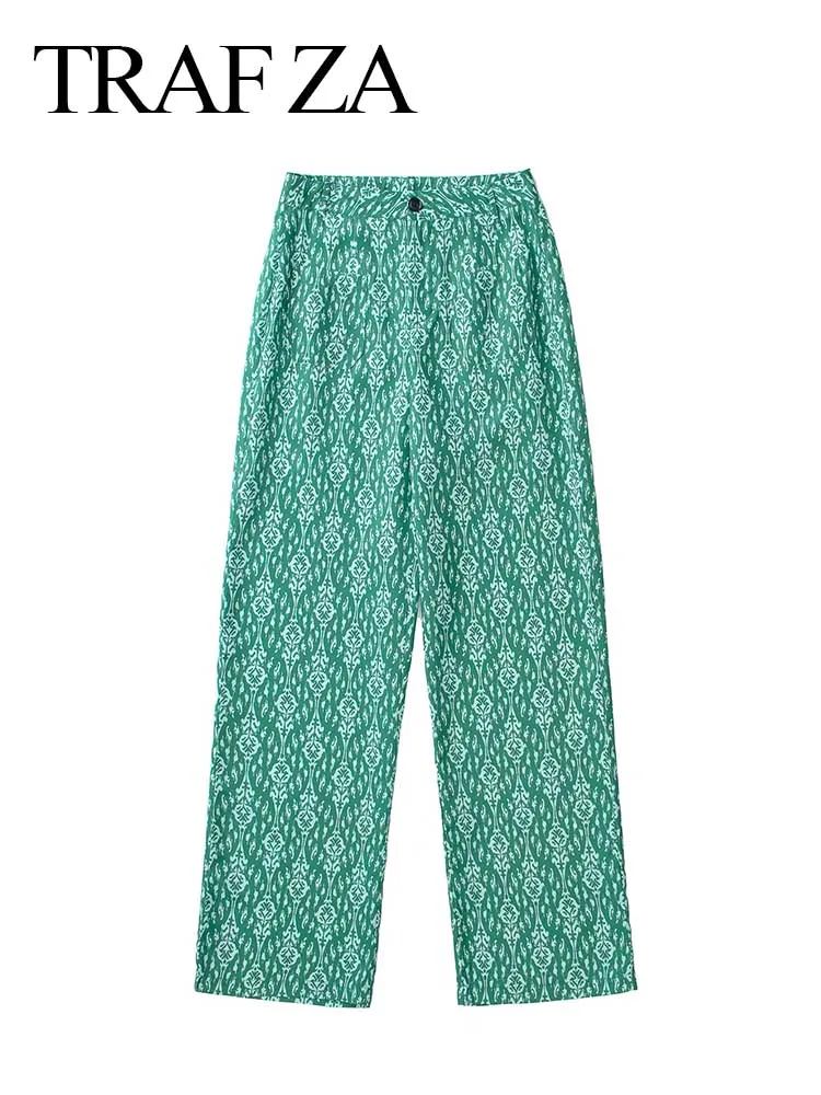 

TRAF ZA Green Retro Print Elegant Chiffon Ladies Trousers Casual Daily Commuting Office Slim Waist Women's Wide Leg Pants New