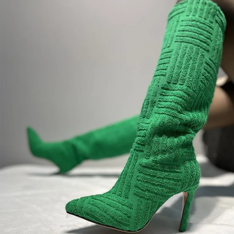

2022 New Pointed Toe Warm Towel Boots Women's Autumn and Winter High-heeled Sleeve Large Size Boots Nude Boots Fur Boots