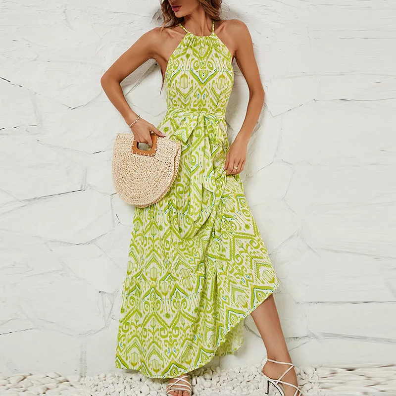

Women's Summer New Sexy round Neck Tied Printing Maxi Dress Women