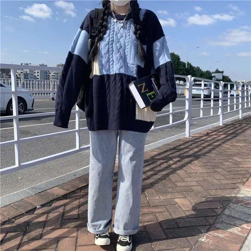 

Woman Patchwork New O-neck Sweater Loose Basic Wild Knitted Bottoming Shirt Female Soft Stretch Knitted Bottoming Sweater G57