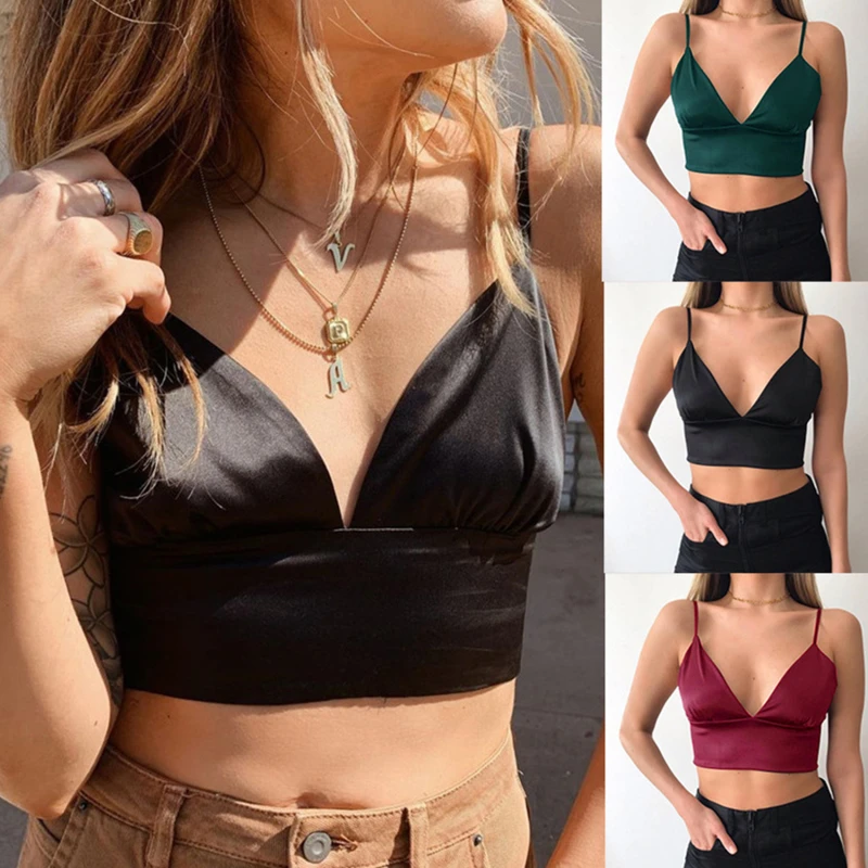 

Sexy Satin Crop Tops Women Wireless Bralette Crochet Top Female Spaghetti Strap T-shirt Cropped With Chest Padded Camisole Camis