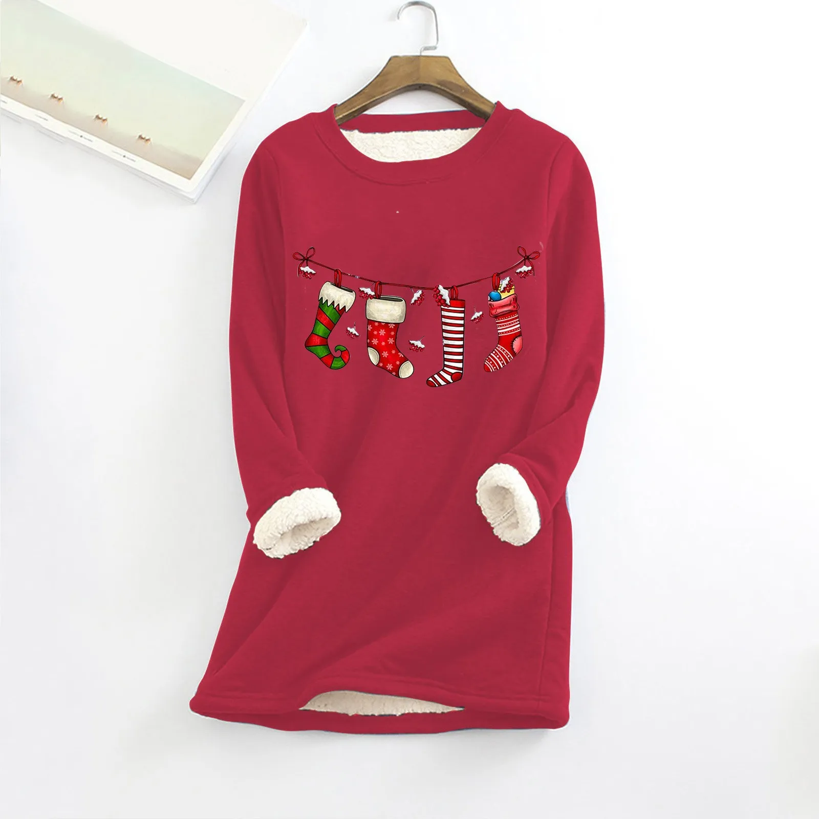 

Merry Christmas Sweatshirt 2023 Winter O Neck Fleece Top Thermal Women Underwear Thick Fleece Santa Xmas New Year Clothing
