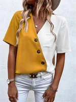 women casual blouse sexy v neck short sleeve fashion splicing pocket shirt tops 2022 summer elegant chic office lady blouses