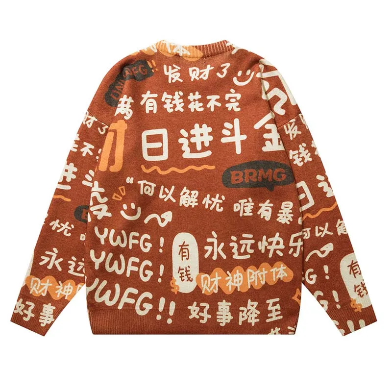 

Oversized Harakuju Printed Casual Sweater Hip Hop Streetwear O Neck Pullover Tops For Male Loose Fit