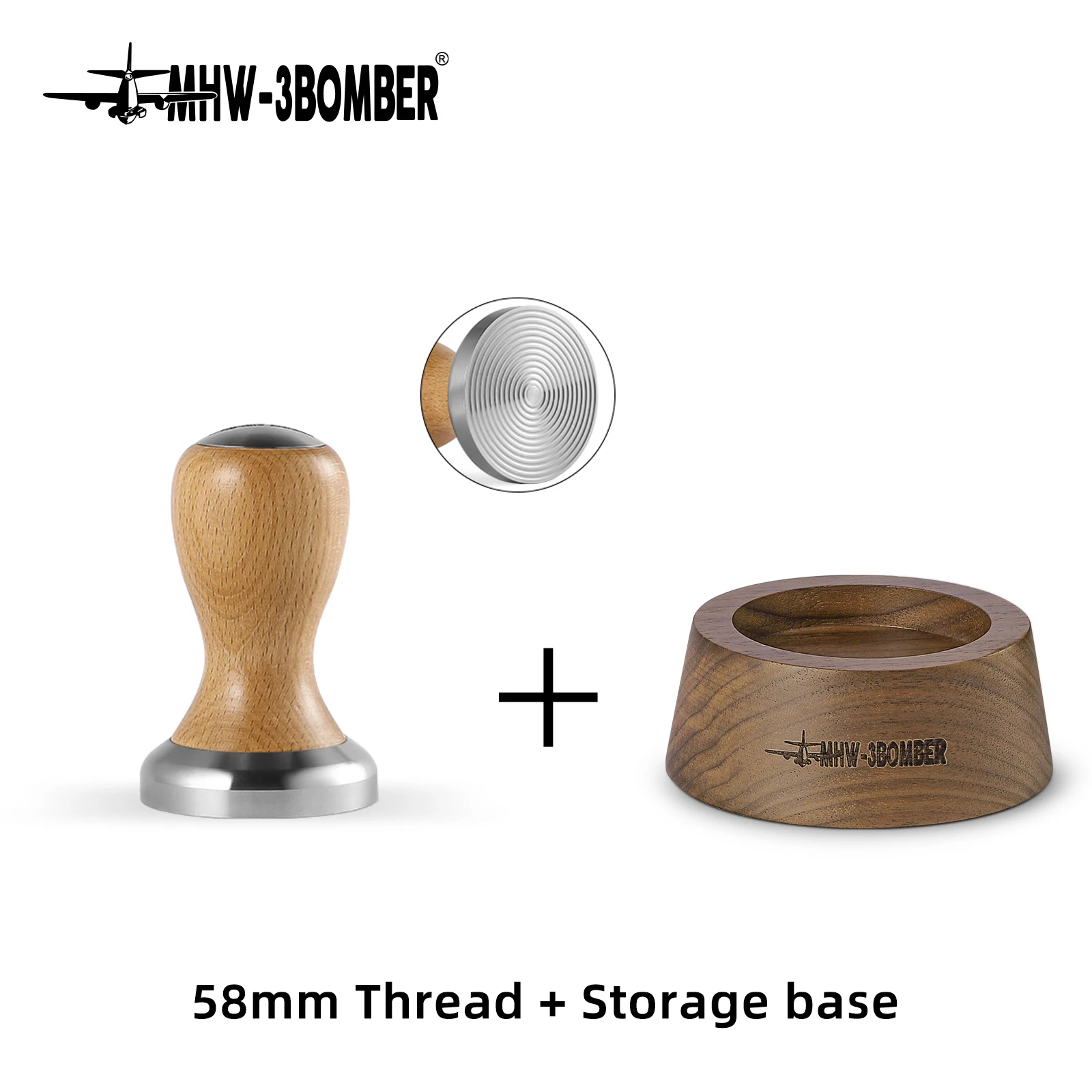 

MHW-3BOMBER Wooden Handle Coffee Tamper With Tamping Mat for 58mm Portafilter Stainless Steel Flat Thread Base Home Barista Tool