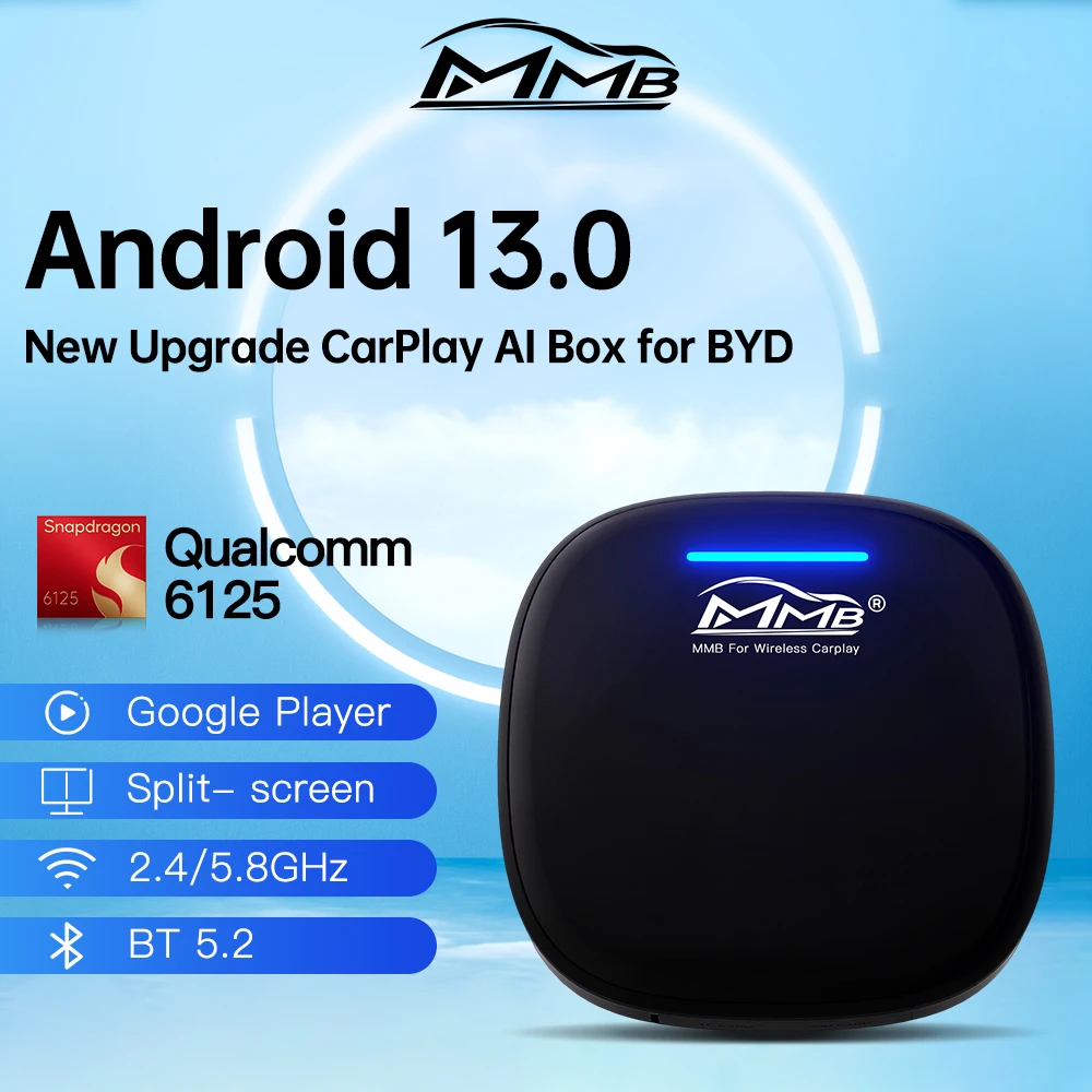 Фото НОВЫЙ MMB MAX Android 13 CarPlay Ai Box 8 + 128G QCM6125 8-ядерный Netflix и YouTube GPS 4G LTE для BYD Мультимедийное видео Android Auto №1