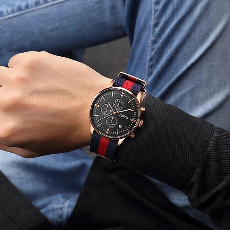 

BAOGELA Chronograph Men Watches Sport Quartz Watches Red black Canvas Military Watch For Men Male Wristwatches Relogio