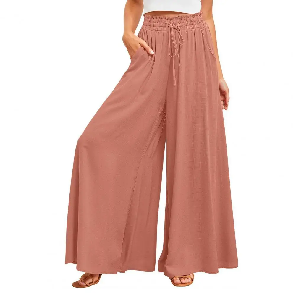 Wide Leg Pants Women Solid Color Loose Elastic Waist Pocket Drawstring Women Summer Pants