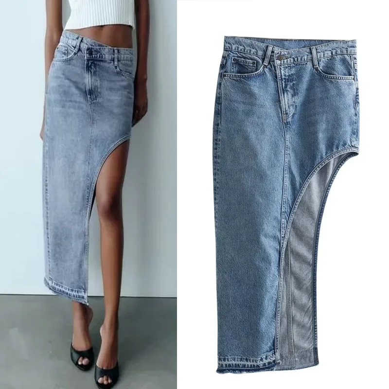 

TRAF 2023 Denim Long Skirt Women Cut-Out Maxi Skirt Summer Elegant Faded Mid-Waist Skirts Fashion Asymmetric Hem Aesthetic Skirt