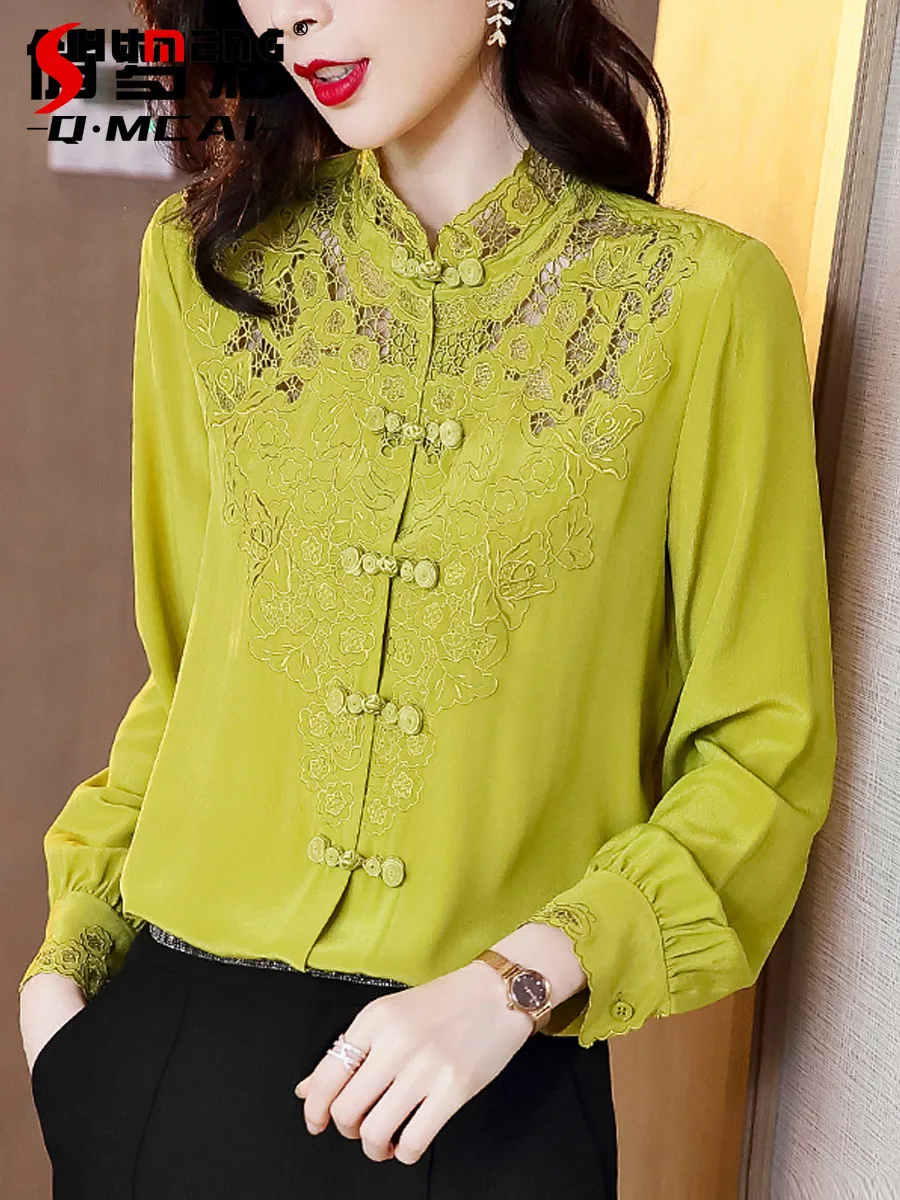 

Women's Retro Long Sleeve Silk Shirt 2022 Fall New Chinese Style Top Improved Cheongsam Frog Button Blouses Ladies Blusas Mujer