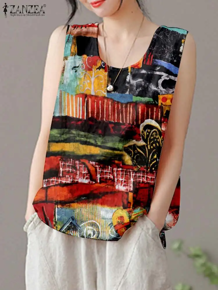 

ZANZEA Fashion Printed Camis Women Summer Tops Causal Beach Tanks Vintage Sleeveless Blouse Bohemian Holiday Shirt Loose Blusas