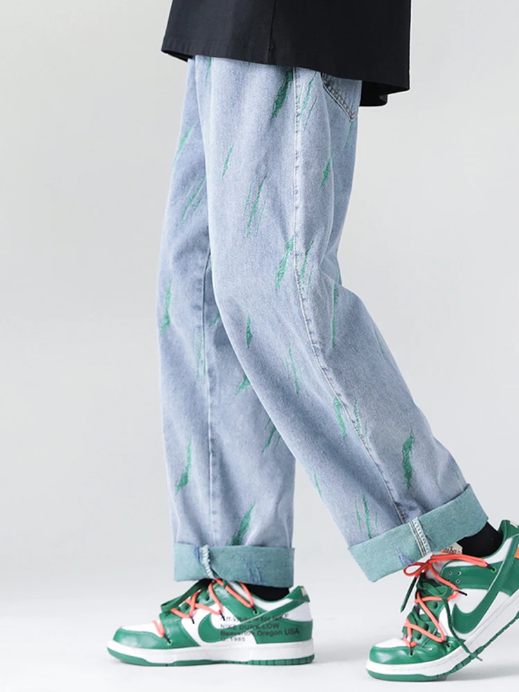 Men's Clothing Graffiti Men's Wide -leg Jeans Casual Men Straight Jeans Fashion Hip -hop Street Loose Pants Boyfriend Wind Jeans
