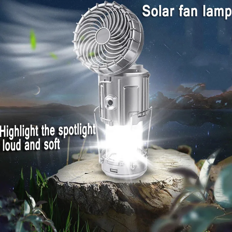 Solar Camping LightsTent Fan Camping Lantern Fan and Light 2 in 1 Emergency Handheld Hang Rechargeable Shed Light