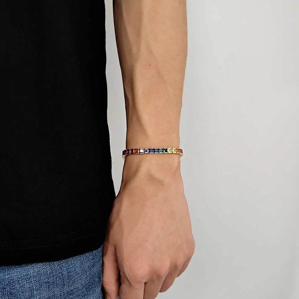 Браслет Теннисный мужской с цветным квадратным фианитом и золотом 18 К