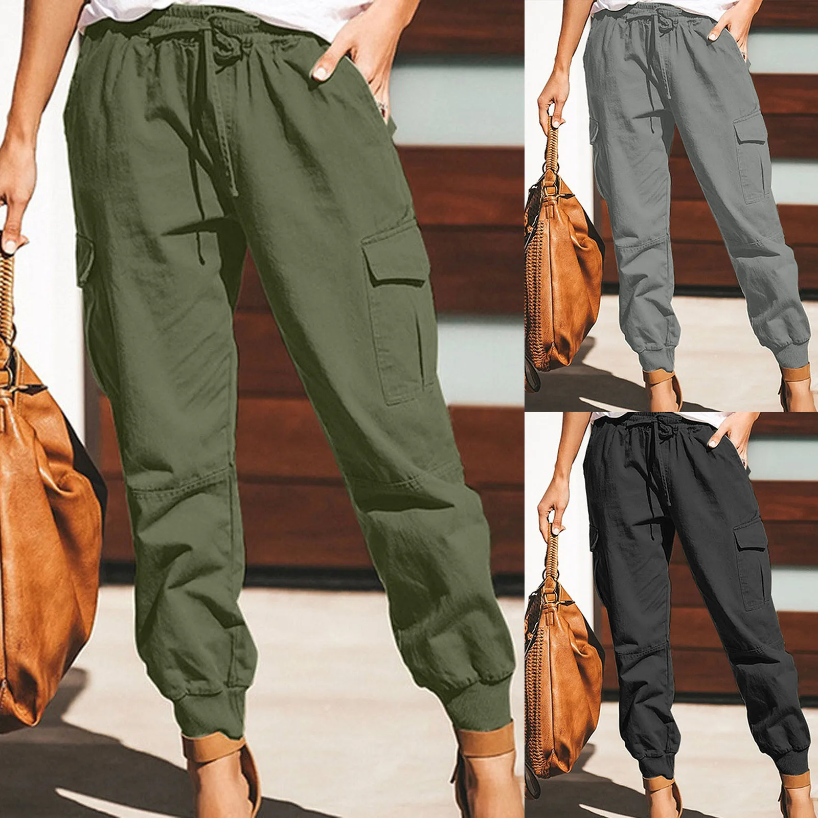 Women Pockets Casual Pants Fashion Solid Overalls Mid Waist Drawstring Loose Cargo Pants Streetwear Casual Trousers Sweatpants