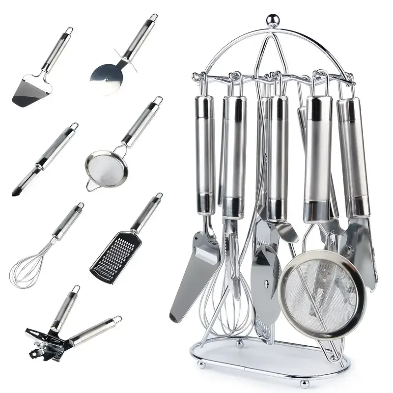 

HMTX 7pcs Stainless Steel Kitchen Utensil Set, Pizza Shovel Filter Slag Egg Beater Cheese Grater Pizza Cutter Can Opener Peeler