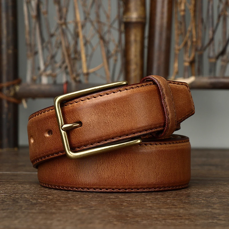 

Vintage Cowhide Men's Belt Alloy Pin Buckle Natural Leather Non-layered Jeans Belt Used For Men Classic Quality Belt