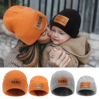 Knitted Mother Kids Hat Winter Baby Beanie Hats Leather Label Children Cap for Girls Boys Accessories New Infant Stuff 8 Colors 1