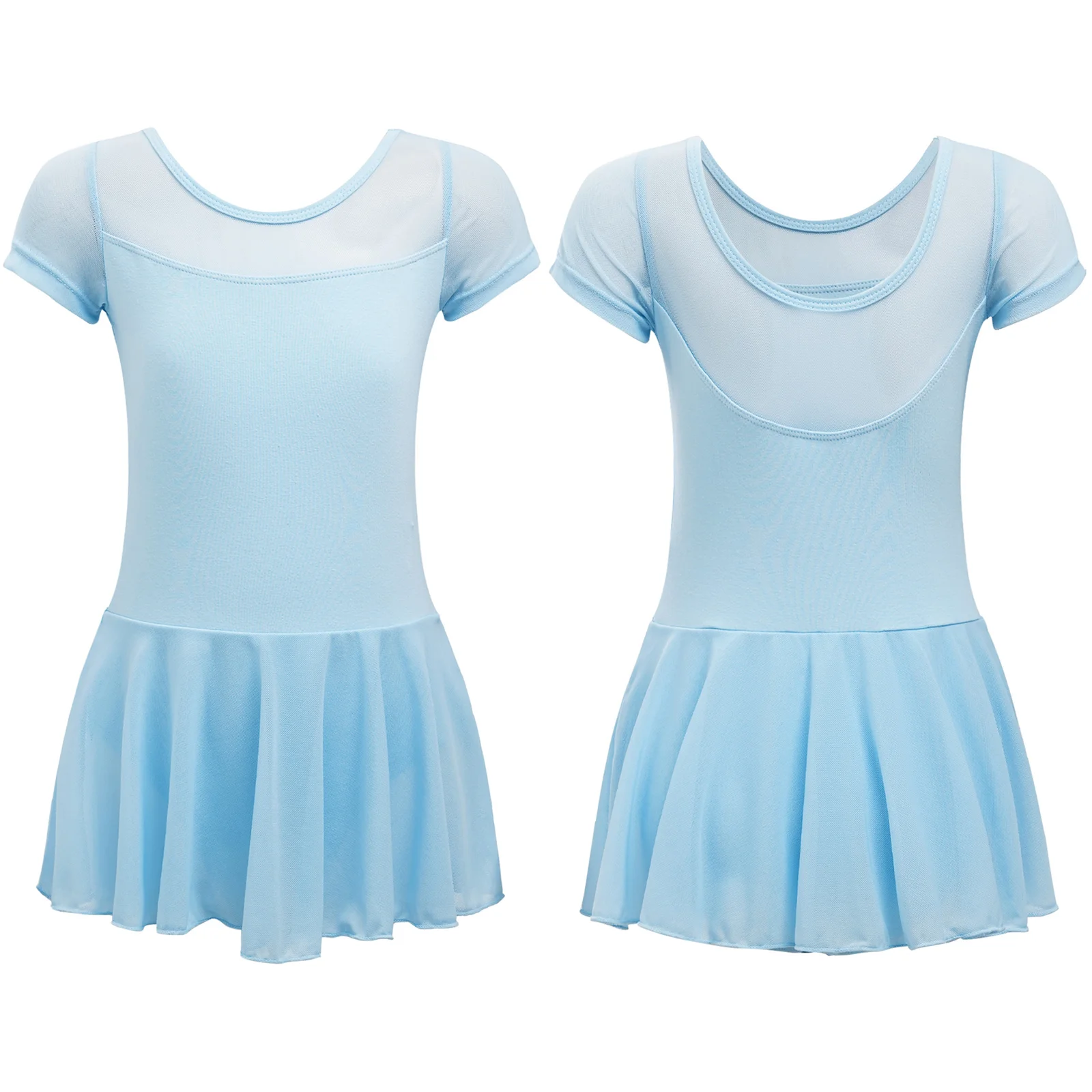 

2023 Kids Girls Ballet Dance Dress Short Sleeve Sheer Mesh Patchwork Leotard Skirt Classic Ballerina Warm-Up Training Dresses