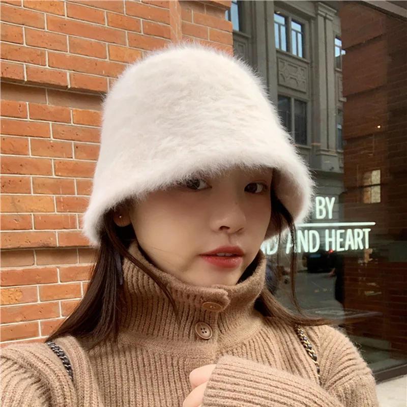 Autumn and Winter Bucket Hat Female Imitation Rabbit Fur Cover Basin Hat Cold and Warm Plush Fisherman Hat