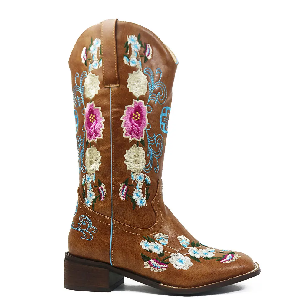 

Gnazhee Fashion Flowers Embroidery Cowboy Retro Western Boots Women's Shoes