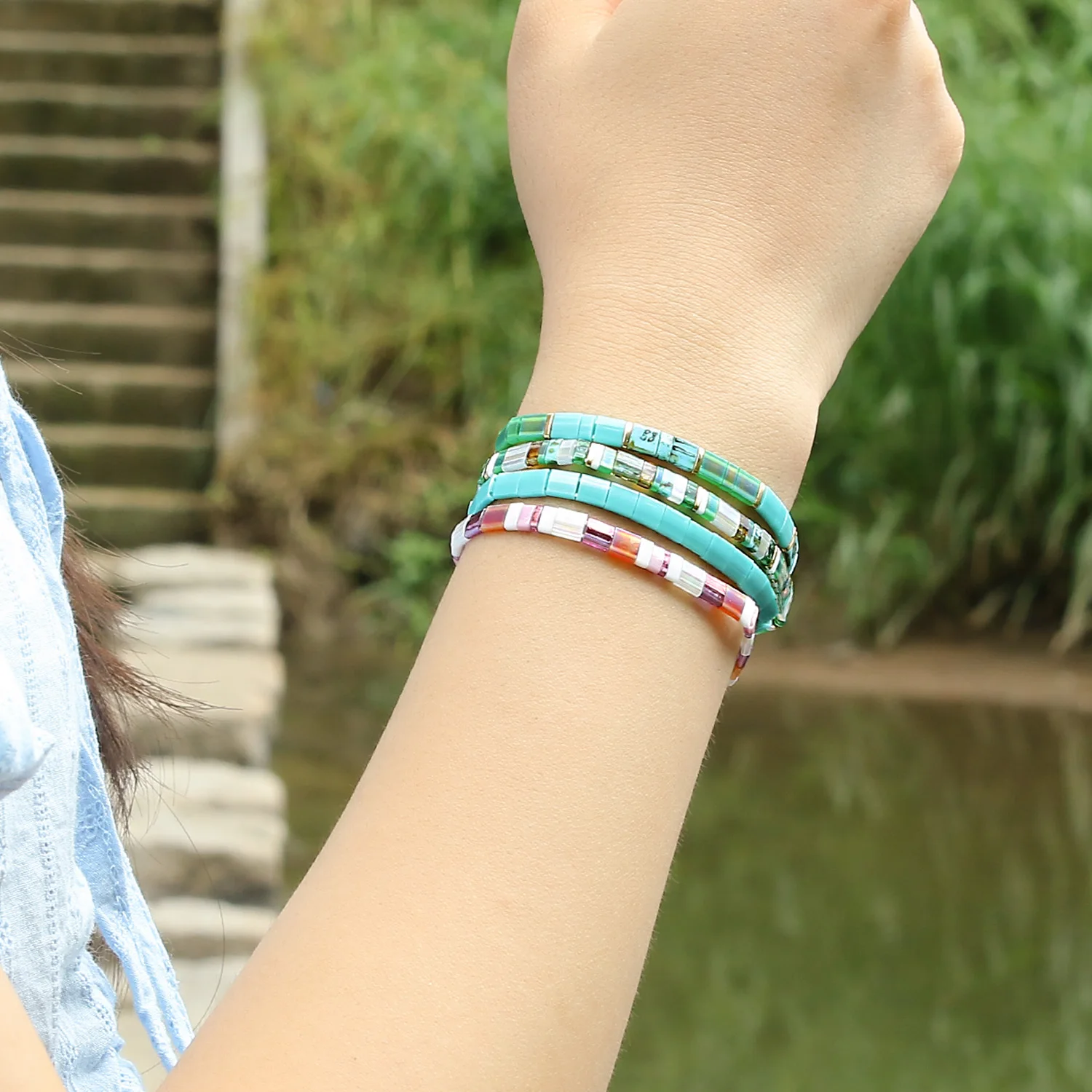 Летние Красочные браслеты из бисера C · QUAN CHI модные эластичные в стиле Тила