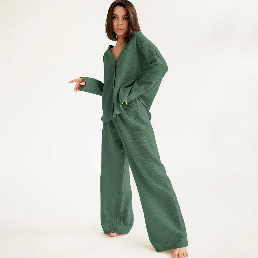 Spring and summer new style women's pajamas suit pure cotton crepe casual V-neck long sleeved trousers two-piece home clothes