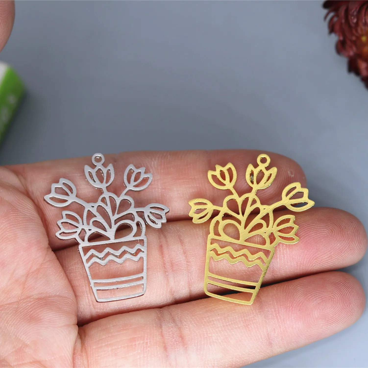 

5pcs/lot Stainless Steel Potted Flower Plant Charm Pendant For Necklace Jewelry Crafts Making Handmade Stainless Steel Charm