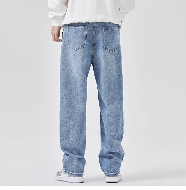 New Irregular Striped Washed Retro Wide Leg Jeans Pants Men and Women Vibe Style Straight Hip Hop Loose Denim Trouser Light Blue