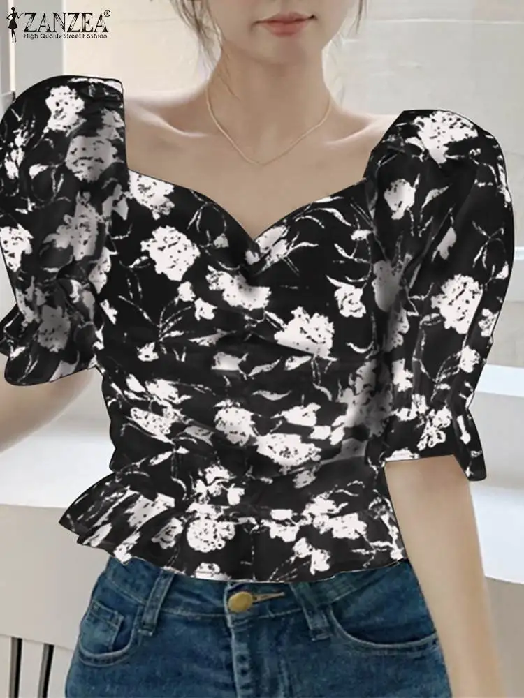 

ZANZEA Fashion Tops Tunic Casual Square Collar Blouse Elegant Half Sleeve Pleating Shirt 2023 Summer Bohemian Floral Print Blusa