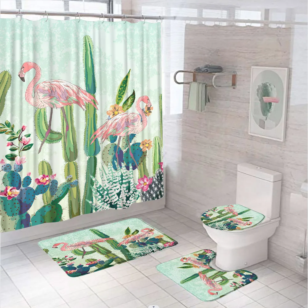 

Tropical Plant Flamingo Shower Curtain Bath Mat Sets Animal Flower Cactus Bathroom Screen Toilet Lid Cover Anti-slip Carpet Rug
