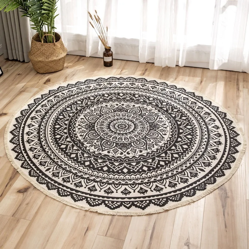 

Round Area Rugs for Living Room Bohemian Mandala Woven Cotton Polyester Round Rug with Tassel Indoor Circle Carpet for Kids Room