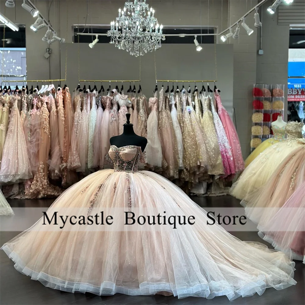 

Champagne Lace Quinceanera Dress 2023 Ball Gown With Gpld Appliques Beads Sweet 16 Dress Lace-up Vestido 15 Años