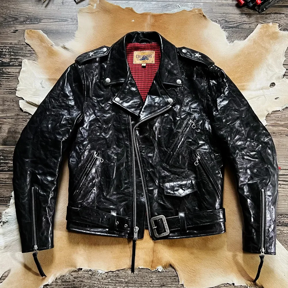 

YR!Free shipping.Classic shiny motorcycle jacket.Vintage 613 style tanned cattle coat.Luxury leather cloth