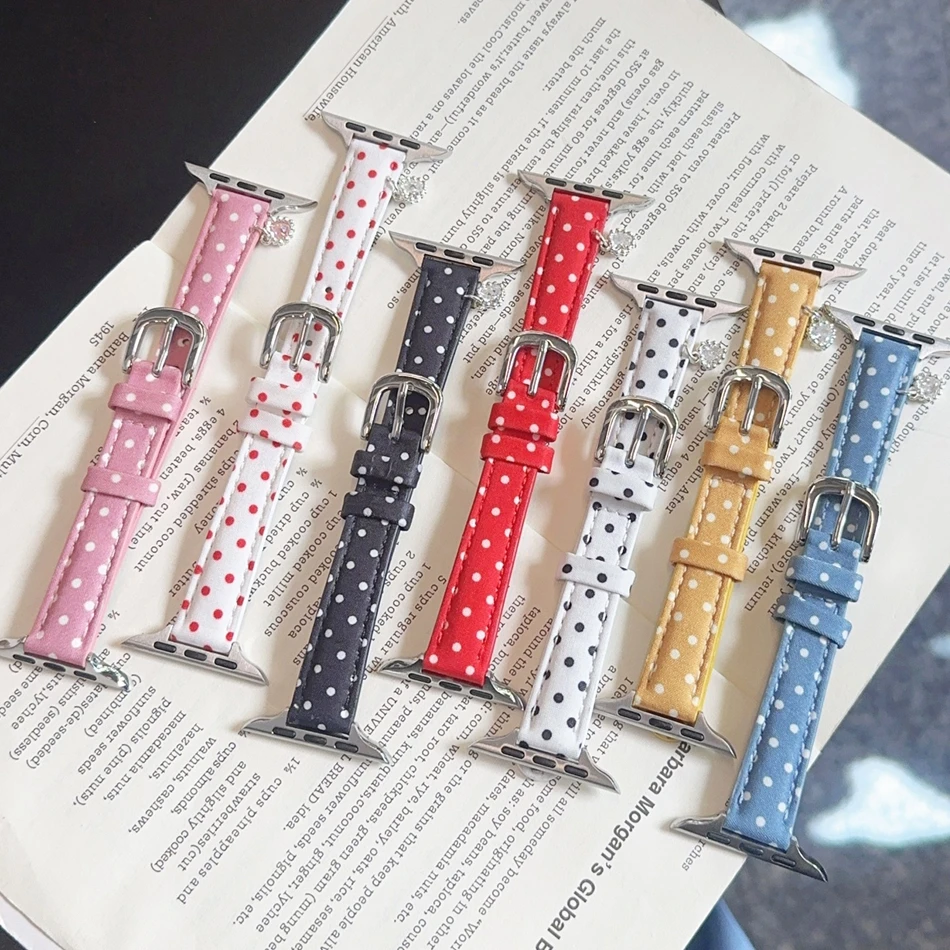 Фото Ремешок из искусственной кожи в горошек для Apple Watch Series 11, 10, 9, 8, 7, 6, 5 SE UItra iWatch 49/46/45/44/42/41/40/38 мм, тонкий ремешок-браслет №4