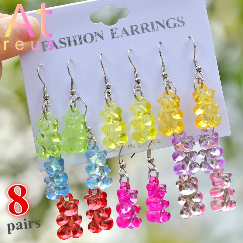 7/9/8pairs/set Candy Color Acrylic Gummy Bear Drop Earrings for Women Girl Pearl Studs Zirconia Cartoon Animal Dinosaur Earrings