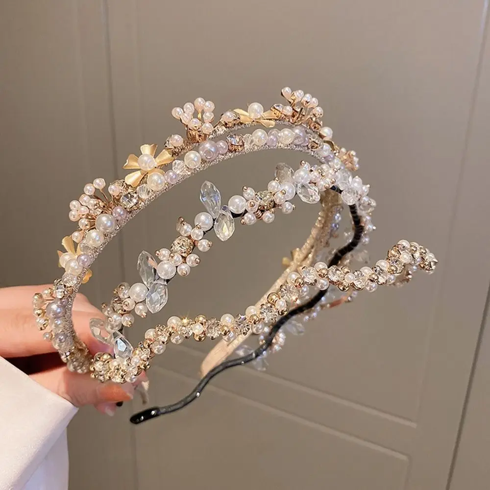 

Diamond Hair Hoop Women Hairpin Double Layer Female Hair Accessories Korean Style Headwear Rhinestone Hair Band Pearl Headband