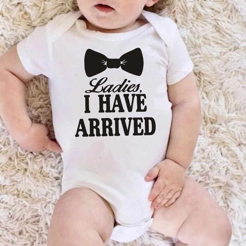 Ladies I Have Arrived Cravat Print Newborn Baby Boys Rompers Funny Announcement Bodysuits Short Sleeve Infant Jumpsuit Clothes