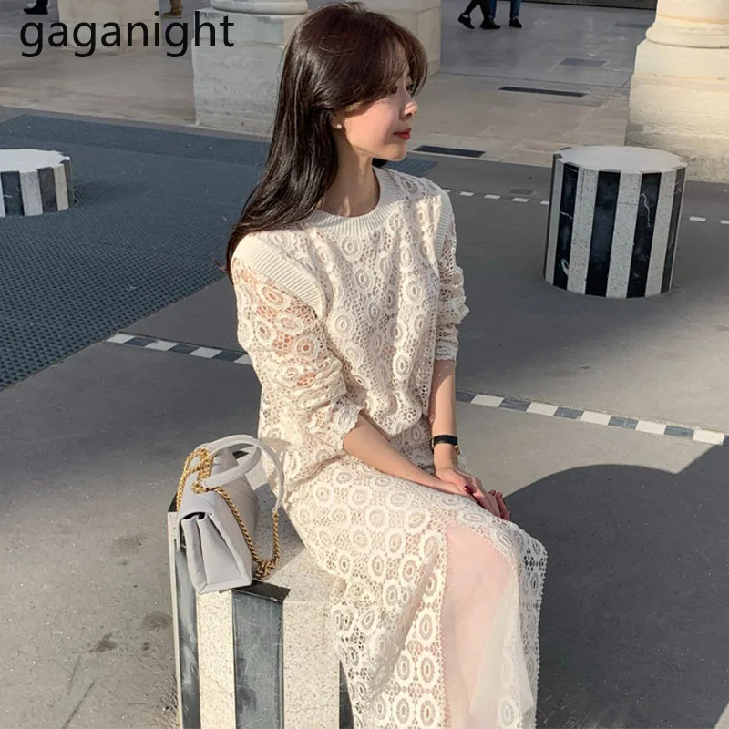 

Gaganight Женский пуловер темпераментный круглый вырез Кружевная вязаная крючком рубашка с длинным рукавом с высокой талией длинная юбка с раз...