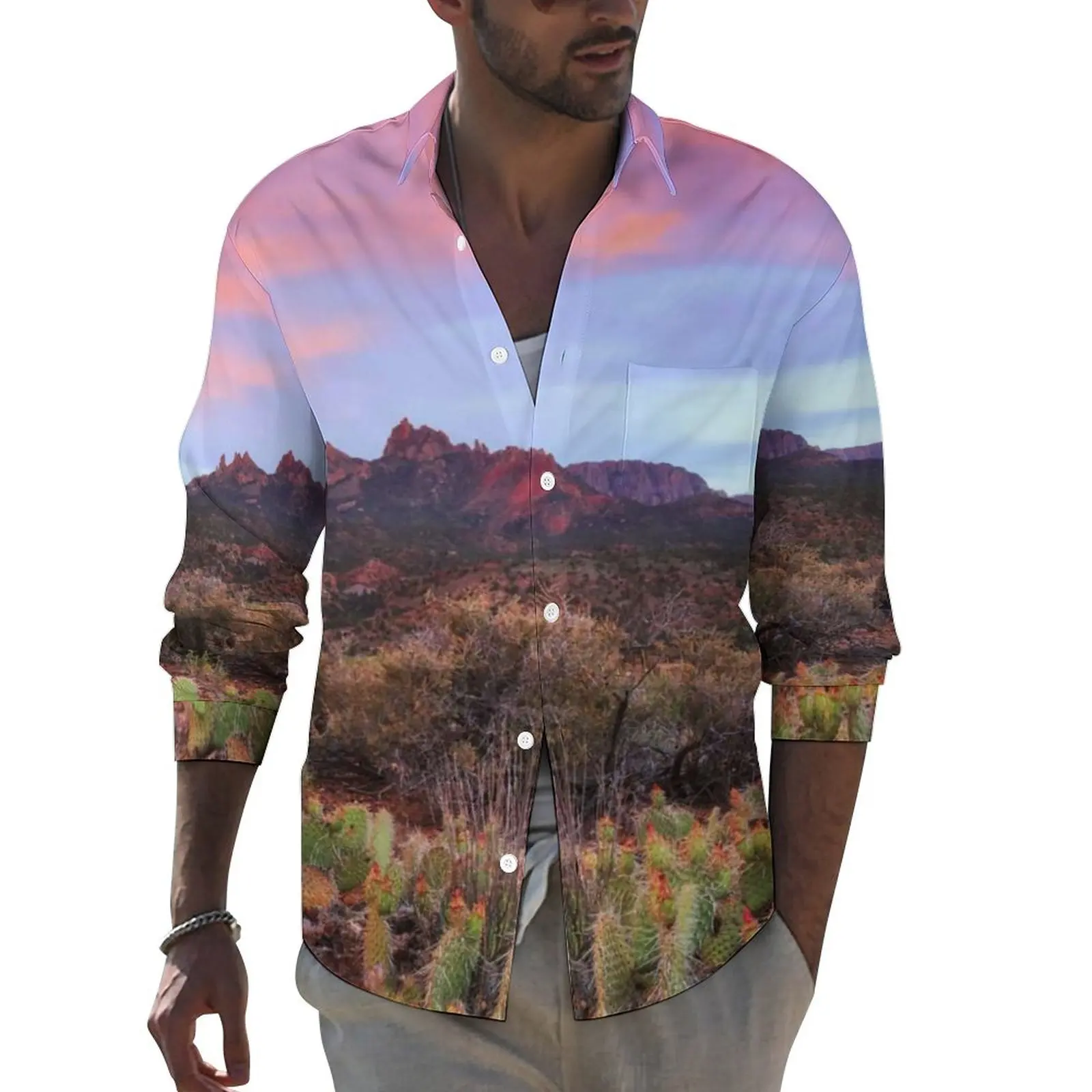 

Desert Sunset Casual Shirts Male Cactus Landscape Shirt Long Sleeve Loose Streetwear Blouses Autumn Graphic Clothing 3XL 4XL