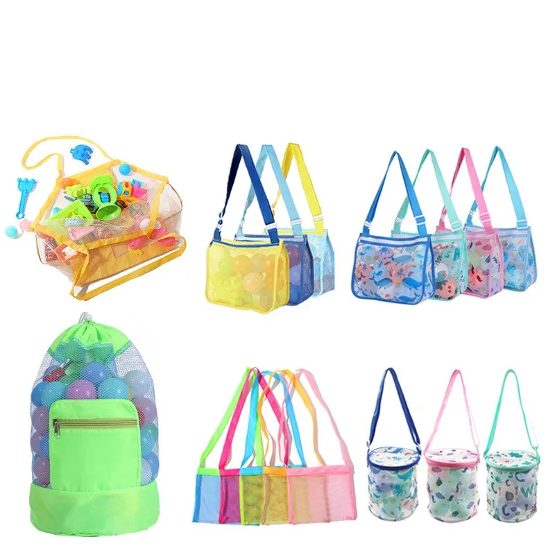 

Mesh Beach Bag for Kids Toy Organizer Net Zipper Adjustable Shoulder Strap Storage Pouch Child Shell Collecting Bag Round Bucket